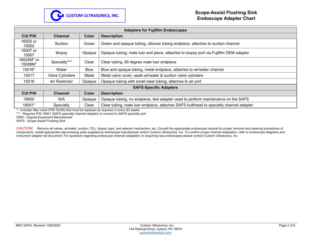 Olympus Adaptation Chart, ScopeAssist Flushing Sink (SAFS